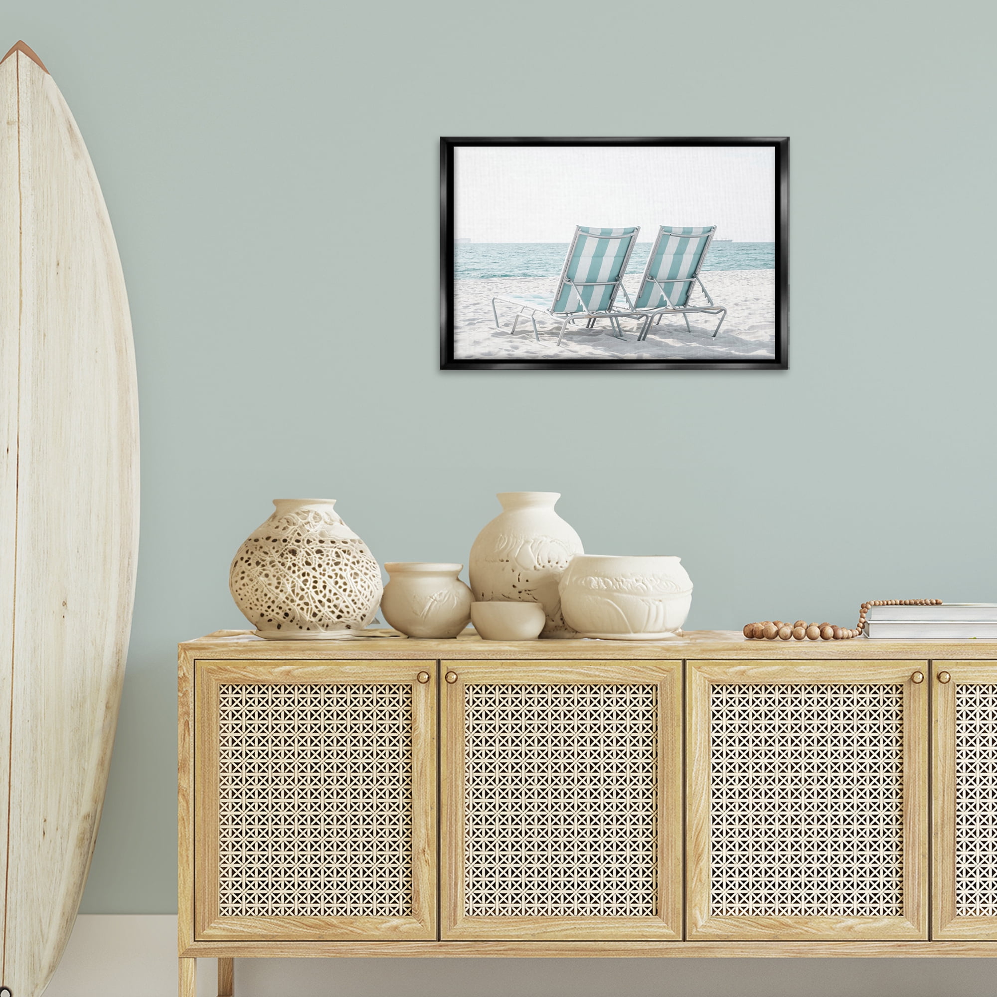 Stupell Industries Blue Beach Chairs Pair Nautical & Beach Photography Black Floater Framed Canvas Art Print Wall Art, 25 x 17