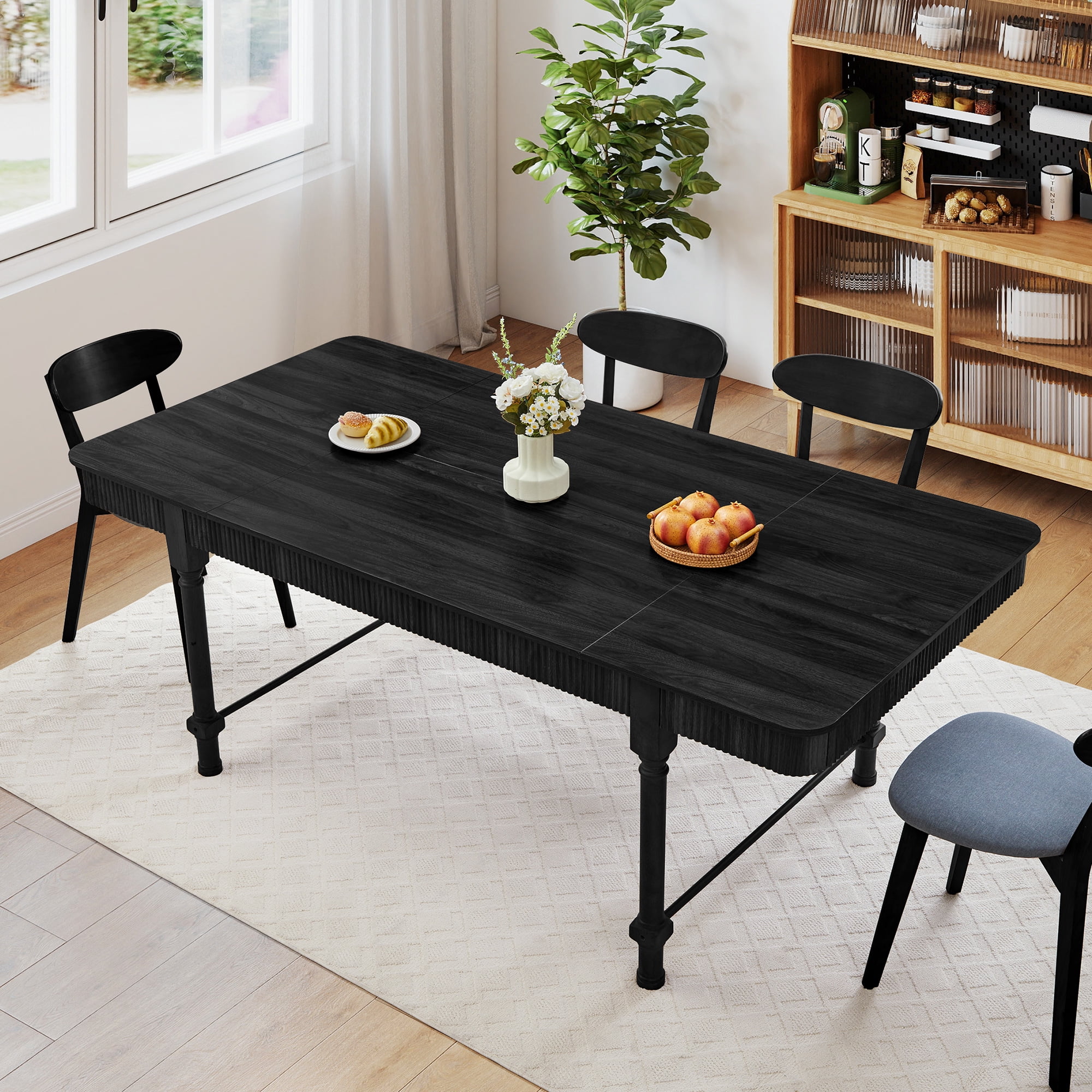 Weselon 78.74" Square Dining Table with 4 Drawers, Wood Fluted Dining Table with Storage Drawers, Seats up to 6,Large Kitchen Table for Casual Meals and Special,Dining Room, Black