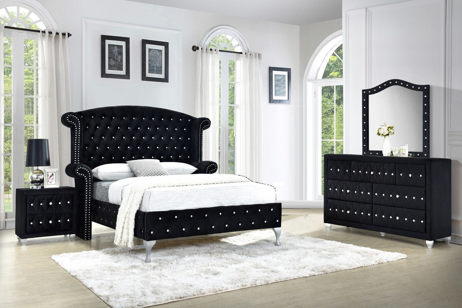 Modern 4Pc King Size Bed Dresser Mirror Nightstand Set Master Bedroom Furniture Black Velvet