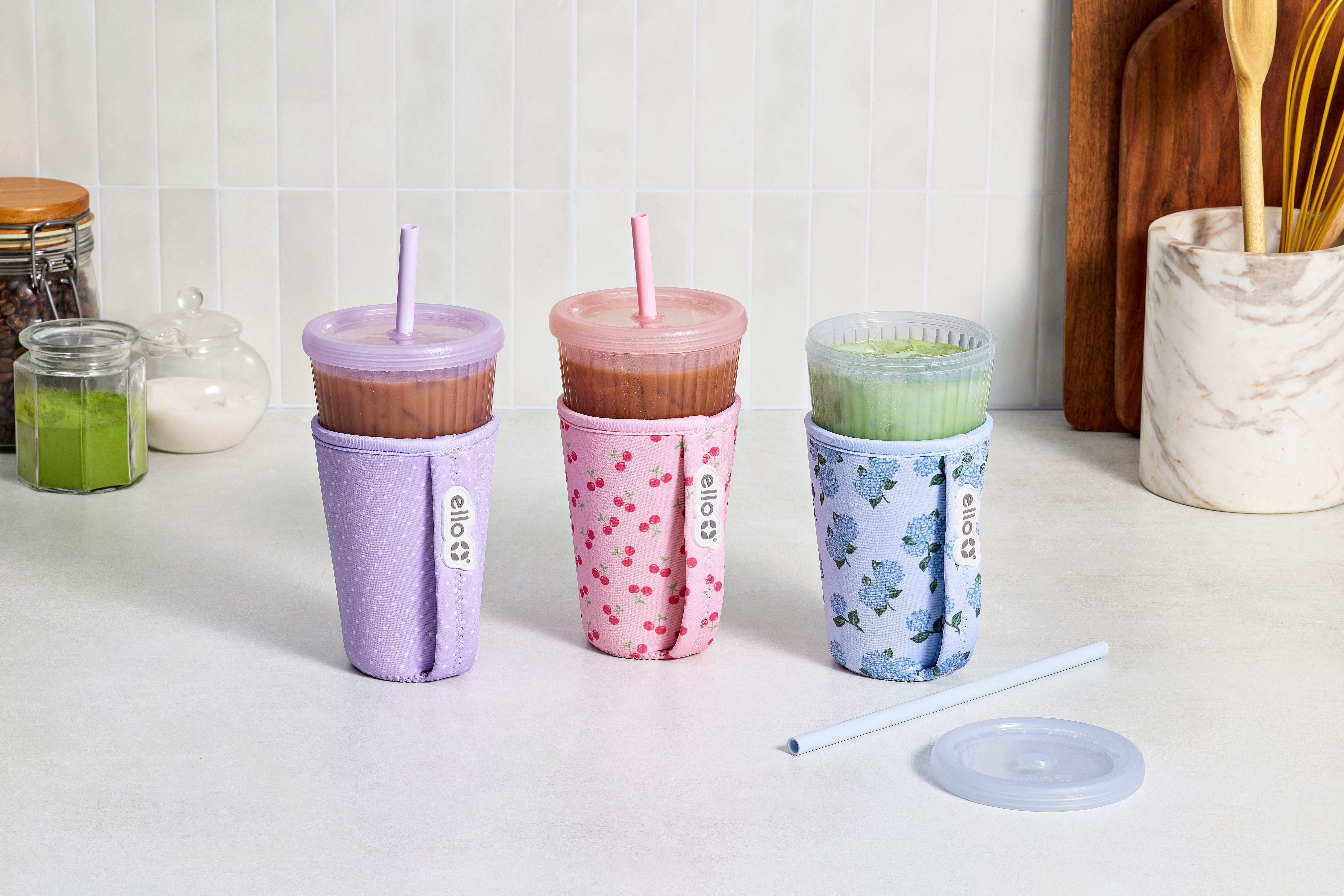 Ello Iced Coffee Cooler 24Oz Plastic Blue Hydrangea - Walmart.com