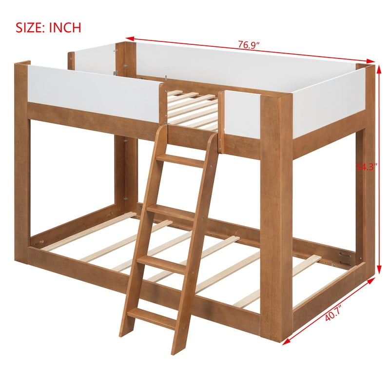 Twin-Over-Twin Low-Profile Bunk Bed with Guardrails, Wooden Kids Bed with Reversible Ladder, Accent Two-Tone Bed Frame