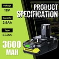 thumbnail image 2 of 2Packs 3.6Ah Lithium Battery Replacement for Ryobi 18V Battery P102 P103 P104 P105 P107 P108 P109 P122 Compatible with Ryobi 18V Cordless Power Tools, 2 of 7