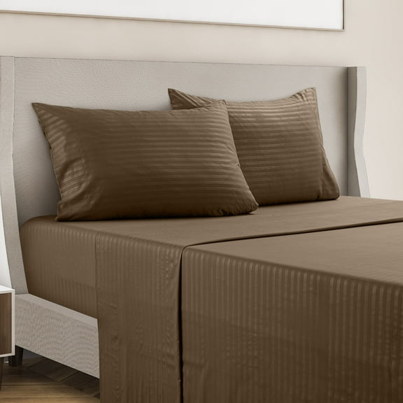 LDC Lux Decor Collection Bed Sheet Set Striped 4 Piece Ultra Soft Deep Pocket Microfiber Sheets Brown Queen