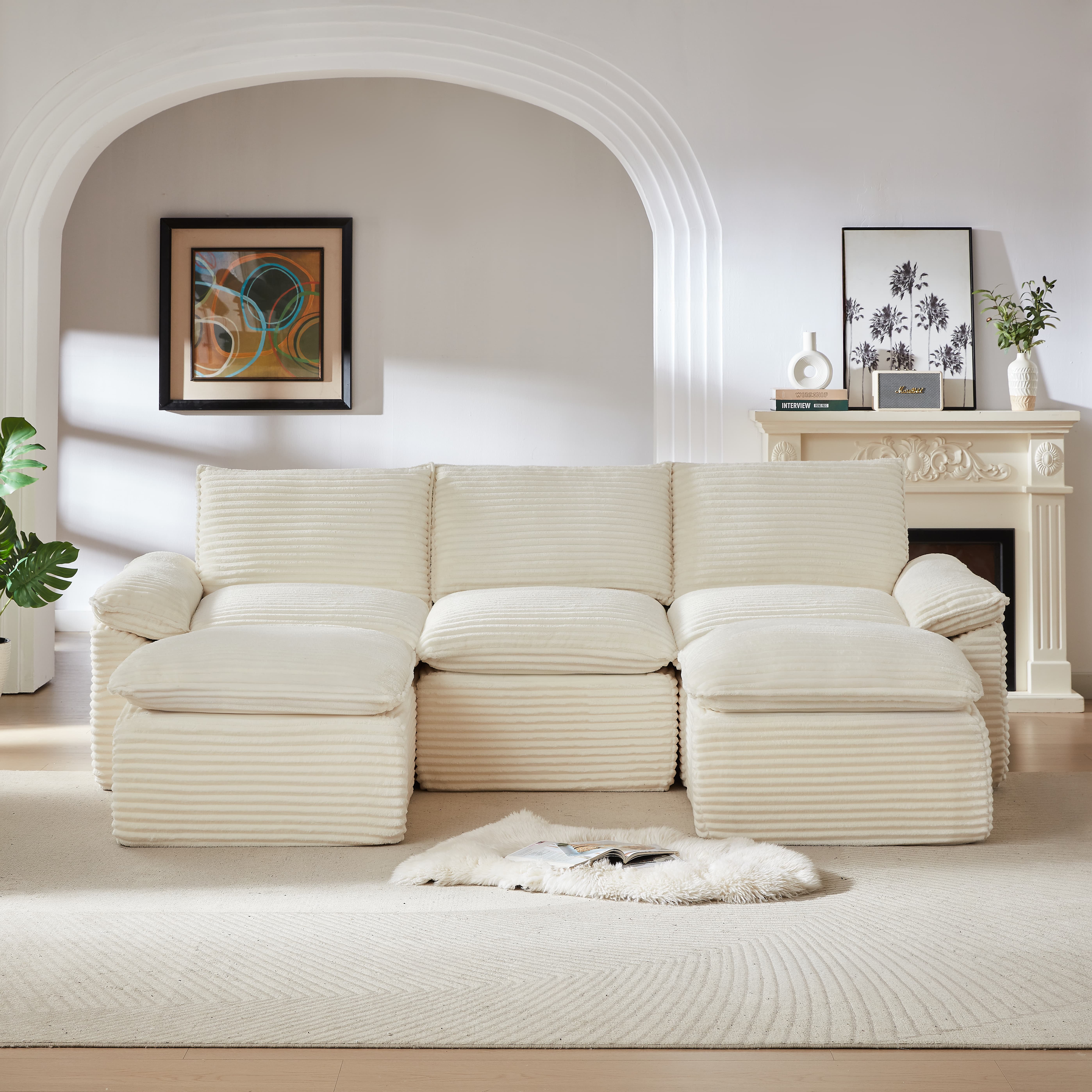 MAYEERTY Modern Modular Corduroy Sofa, White Cloud-Soft Sectional Couch for Apartment