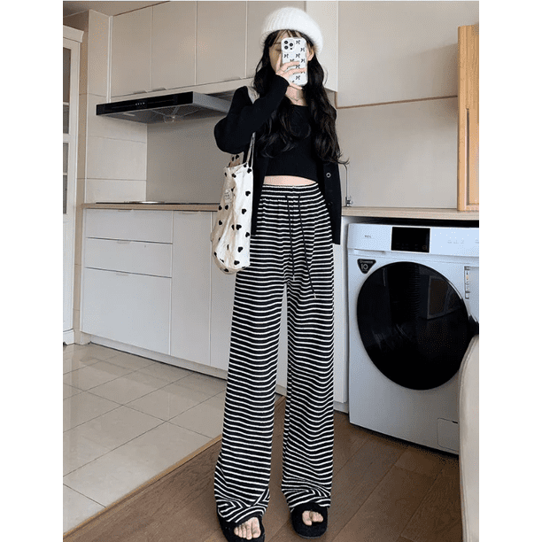 Pantalones holgados de rayas de cintura alta para mujer, pantalones casuales holgados de estilo otoñal para caminar, pantalones de toalla adelgazantes, pantalones cortos de pierna ancha para mujer