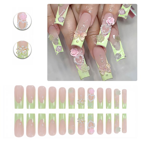 RAGUPEL 24Pcs Glue on Nails for Women,Pearl Ornamentation Square Nail Tips,3D Flower Bow Nails Press Ons,Press on Nails Long for Dating,Party,Taking Pictures,Daily Life,Style1