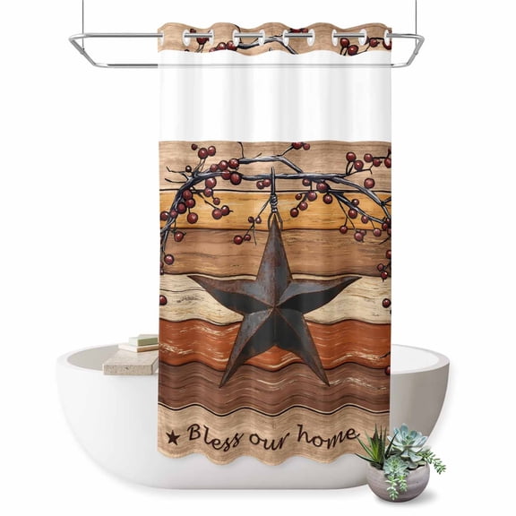 No Hook Shower Curtain, Texas Star Vintage Shower Curtains for Bathroom with See Through Top Window, Berry Burnt Orange Brown Wooden Waterproof & Washable Bath Curtain Stand Up Stall 36"x72"