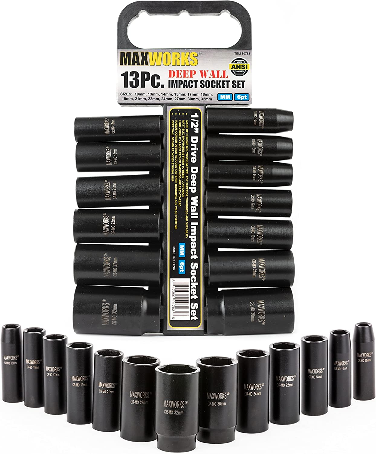 MaxWorks 80783 13-Piece 1/2" Drive Metric Impact Socket Set With Laser Etched Size Marking