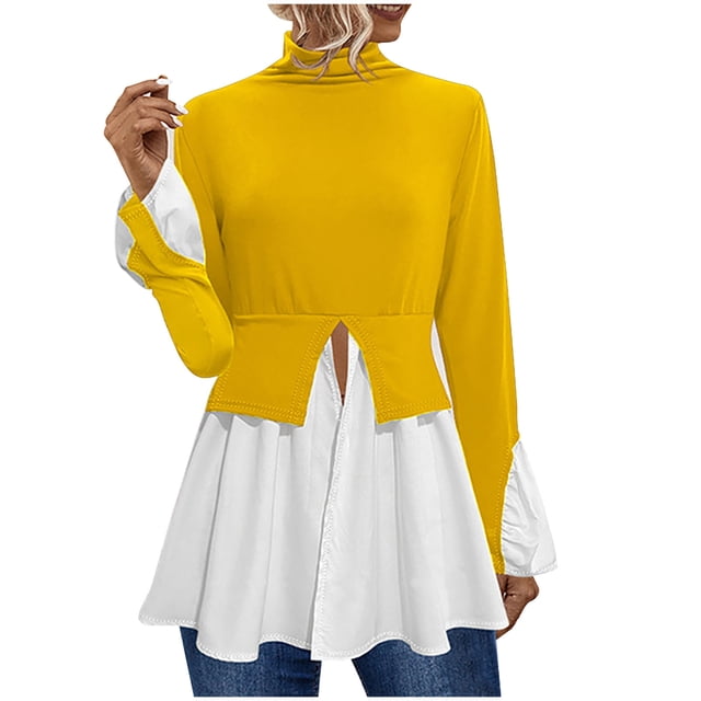 Timegard Turtlenek Tops for Women Long Sleeve Patchwork Color Block Dress Blouses Split Ruffle Fashion Shirts