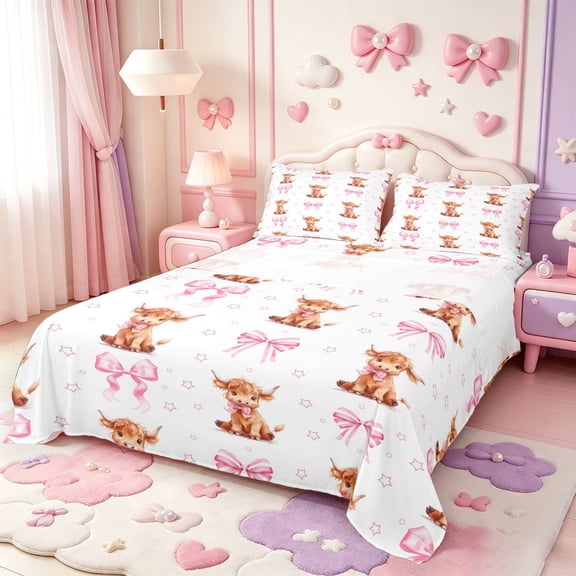 Manfei Farm Animal Highland Cow Bed Sheets,Cute Pink Bowknot Full Size Sheets,4pcs,1 Flat Sheet,1 Fitted Sheet and 2 Pillowcases