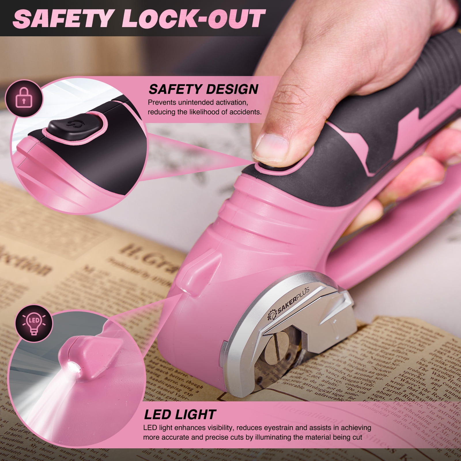 Saker 4V Cordless Electric Scissors, Cardboard Cutter with Safety Lock, LED Light, 220RPM Rotary Cutter for Cardboard, Fabric, Box, Leather, Pink