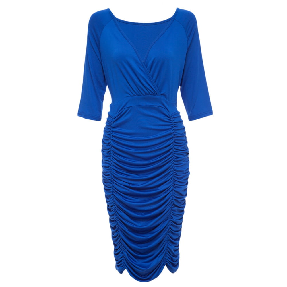 Women Stylish V-neck Half Sleeve Solid Color Pleated Bodycon Cocktail ...
