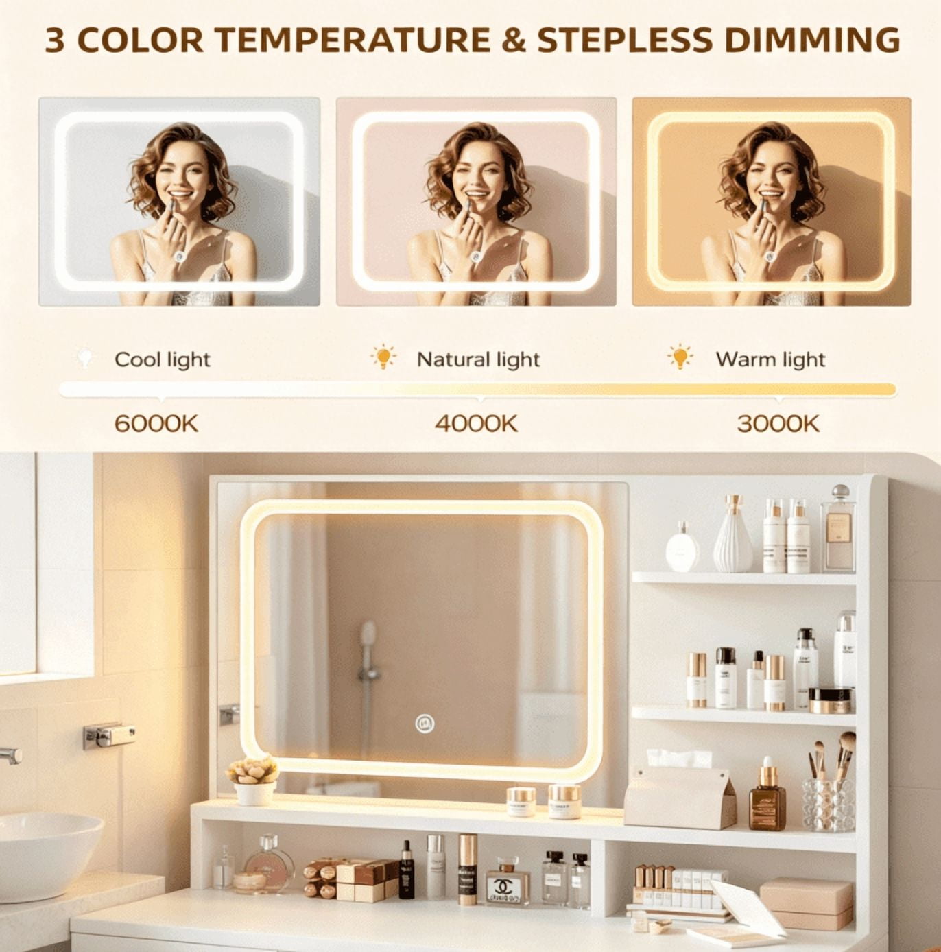 Elegant Vanity Includes Lighted Mirror And Storage Drawers; White Makeup Table For Women; Suitable For Various Settings Including Bedrooms, Living Rooms, And Dorms