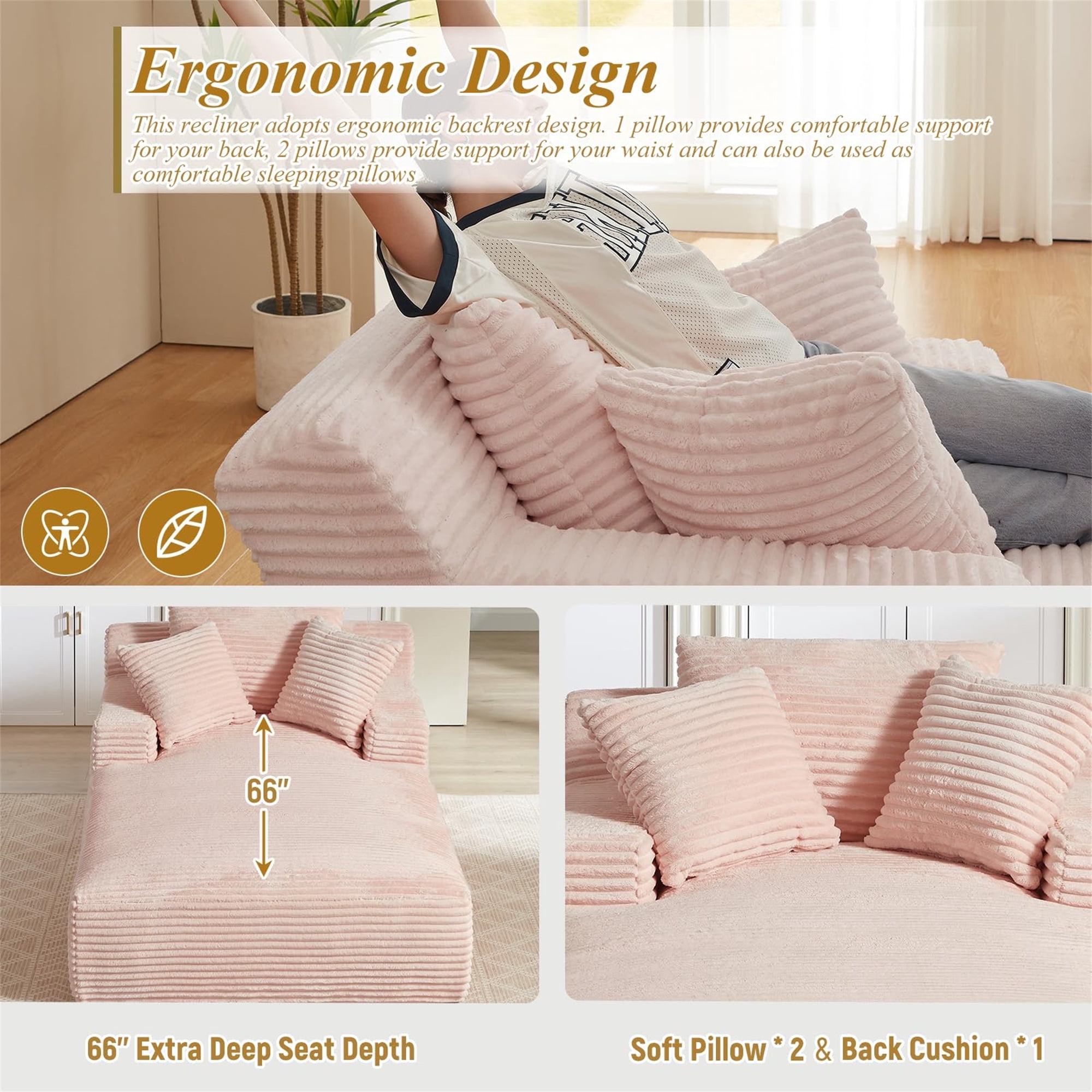 Aukfa Chaise Lounge Oversized Indoor Chair Boneless Couch for Living Room, 3Pillows, Pink