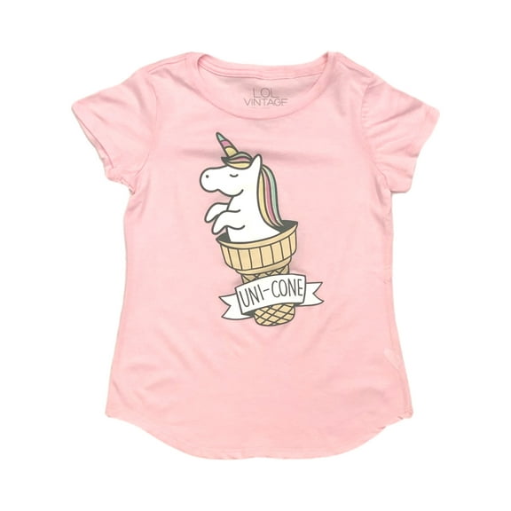 Girls Short Sleeve Pink Uni-Cone Unicorn Ice Cream Tee Shirt X-Large 14-16