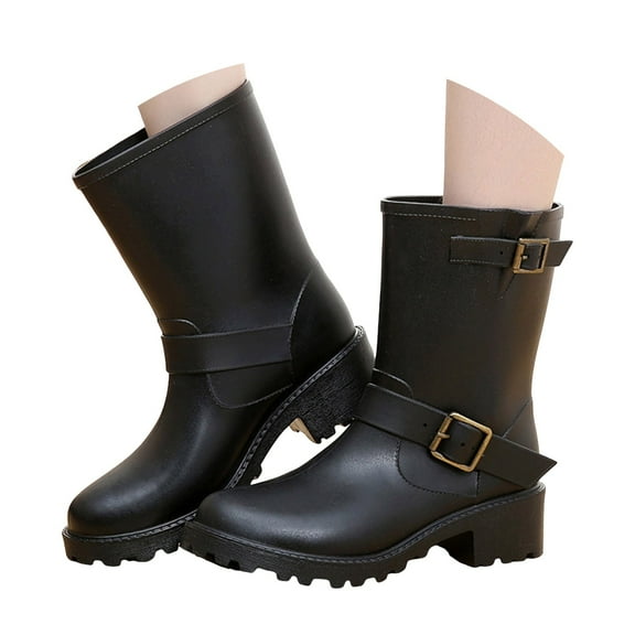 Short Mid Calf Rain Boots for Women Fashion Classic Buckle Waterproof Rubber Slip on Rainboots Garden Shoes