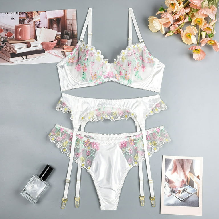 Lingerie For Women Underwear Embroidered Lace Underwire Bra + Thong +  Garter 3Pcs Suit 