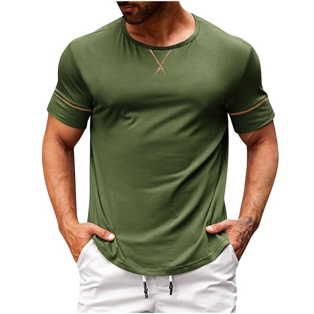 Playera Elvqul Caballero Verde del Ejército Gym Economicas Manga Corta Stretch de Color Sólido Cuello Redondo