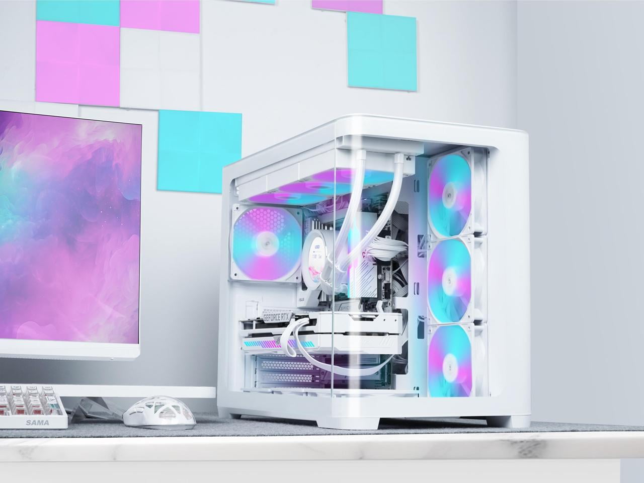 SAMA V60 PC Case, Mid-Tower Computer Case, A Curved Tempered Glass, 7 Pre-Installed ARGB PWM Fans and Fan Hub, USB Type-C, ATX/MATX/ITX Back-Connect Support, 360mm Liquid Cooler Compatible, White