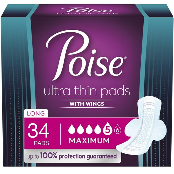Poise Ultra Thin Postpartum Incontinence Pads, Maximum Absorbency, Long Length, 34 Count, PSE UT WNG MAX 34