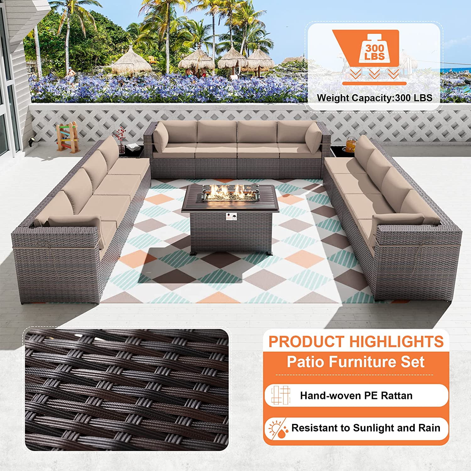 Gotland 15 Pieces Outdoor Patio Furniture Set with Propane Fire