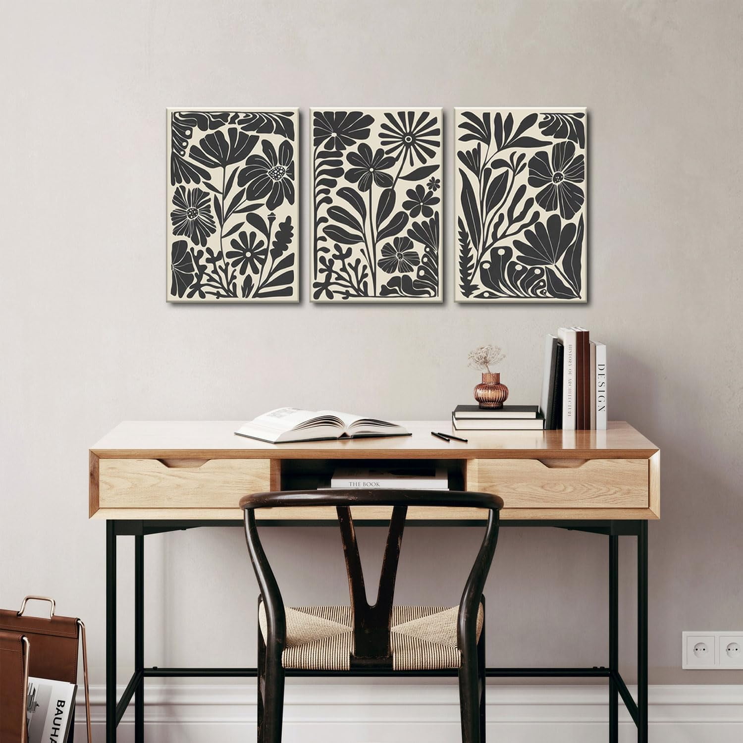 Black Beige Abstract Floral Botanical Canvas Framed Wall Art Prints Minimalist Modern Boho Flower Market Painting Poster Pictures Wall Decor for Bedroom Livingroom 12"x16"x3