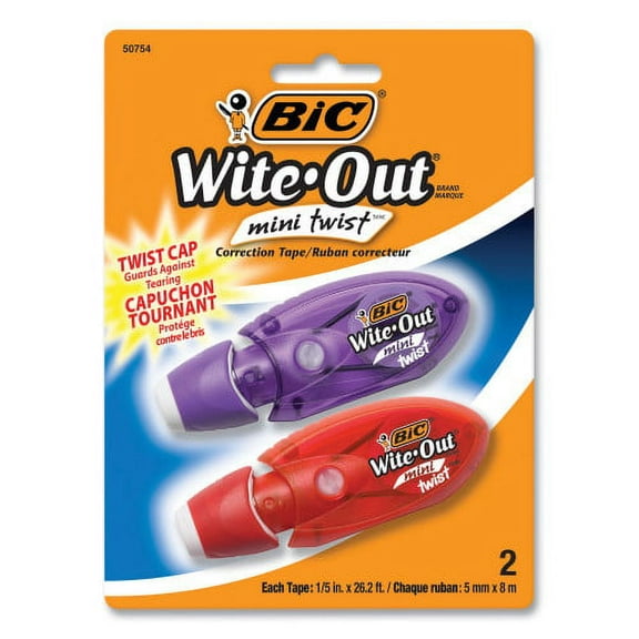 BIC Wite-Out Mini Twist Correction Tape, Non-Refillable, Blue/Fuchsia Applicators 0.2" x 314", 2/Pack, Each
