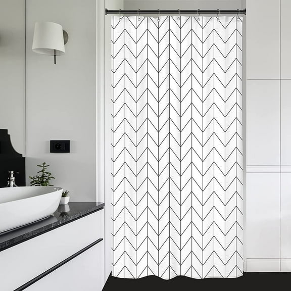 Black White Stall Small Dorm Camper Shower Curtain Liner RV Narrow Walkin Standing Half Little Size 36Wx72H Inch Chevron Herringbone Geometric Tiny Single Stand Up Fabric Bathroom Decor
