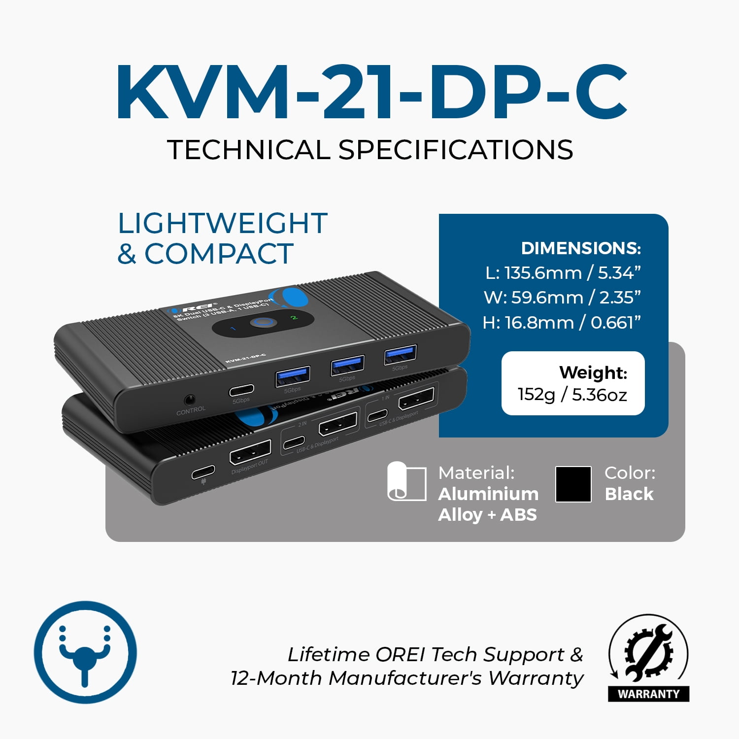 8K USB-C and DisplayPort KVM Switch with 3 USB-A and 1 USB-C Ports (KVM-21-DP-C)