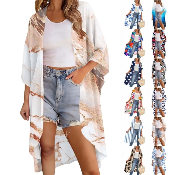 Frostluinai Women's Chiffon Kimono Cardigans Lightweight Batwing Summer Casual Long Boho Sheer Cardigan for Women Coverup Tops Beachwear