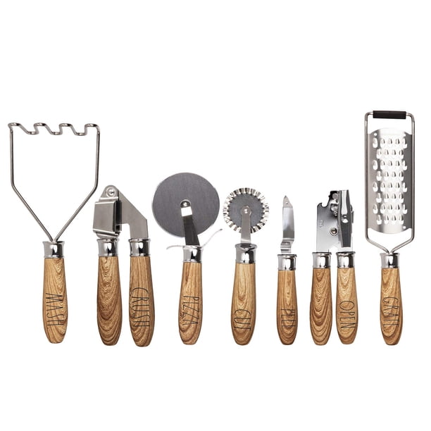 Rae Dunn Everyday Collection Juego De Utensilios De Cocina De Madera Y Acero Inoxidable De 7 Piezas, Utensilios De Cocina Con Mangos De Madera