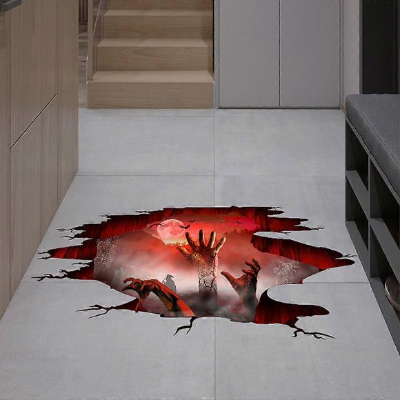 SZTXJ Scary Halloween Floor 11.8"35.4" Wall Stickers 3D Ghost Floor Decals Art Decorations, Red Moon Spiderweb Zombie Wall Floor Stickers Ghost Hands