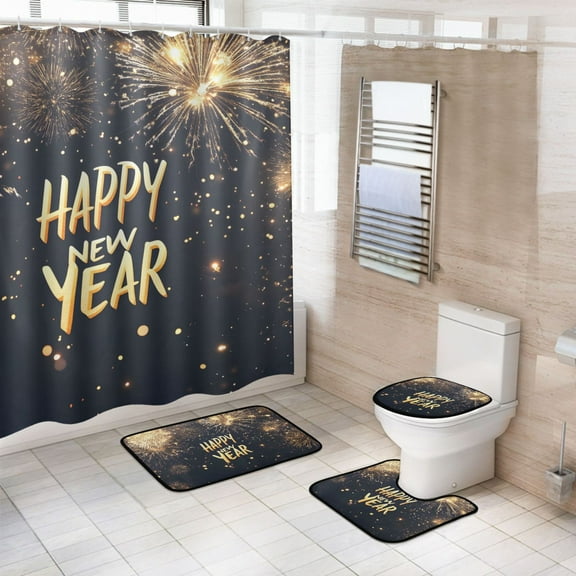 Ryvnso 4 Pcs Happy New Year Bathroom Shower Curtain Set with 12 Hooks Bath Mat Toilet Lid Cover