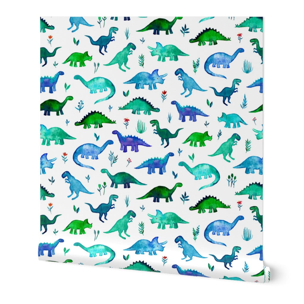 Removable Water-Activated Wallpaper Rainbow Dinosaur Whimsical Colorful Dino 