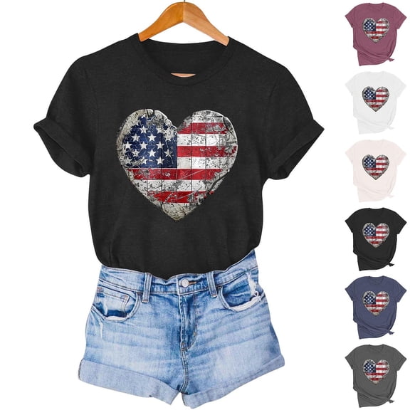 Goodtrade8 Short Sleeve Shirts for Women Summer USA Years Anniversary Pullover Red White and Blue Graphic Fourth of July Independence Day Casual American Flag Womens Shirts Crew Neck