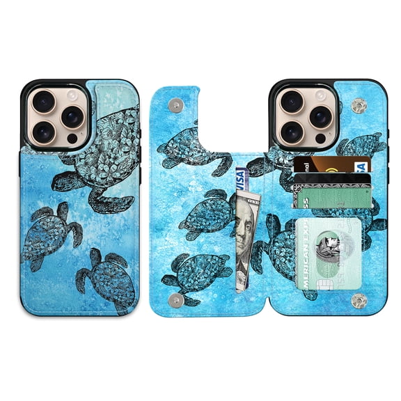 WIRESTER Case with Card Holder, RFID Blocking Wallet Case Durable PU Leather Kickstand Slim Heavy Duty Shockproof Protective Case for Apple iPhone 16 Pro 6.3" 2024, Ocean Sea Turtles