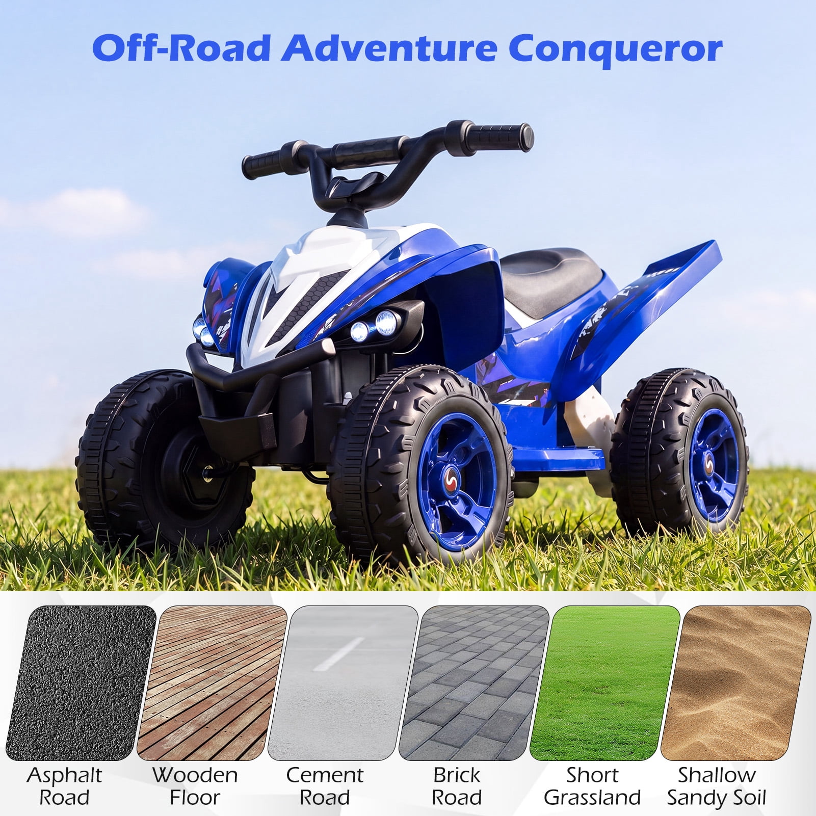 Costway 12V Quad 4 Wheeler Ride on Toy with Music, Light, USB Port, Wireless Connection Navy