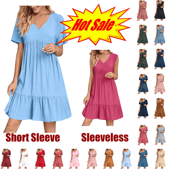 Titcea Summer Dresses for Women 2026, Ruffled Pleated Solid Color Short Sleeve V-Neck Midi Dresses, Hawaiian Vacation Summer Casual Flowy Beach Dresses