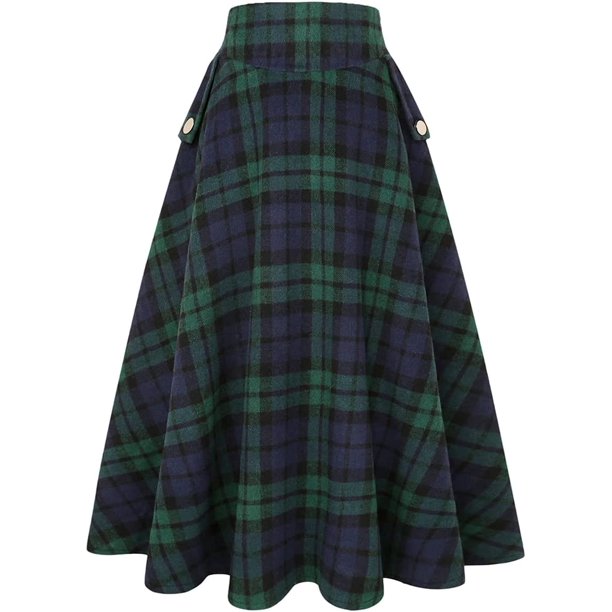 Falda larga de otoño e invierno a cuadros de cintura alta para mujer Tartán verde 2XL Tartán verde 2XL Xishao ropa