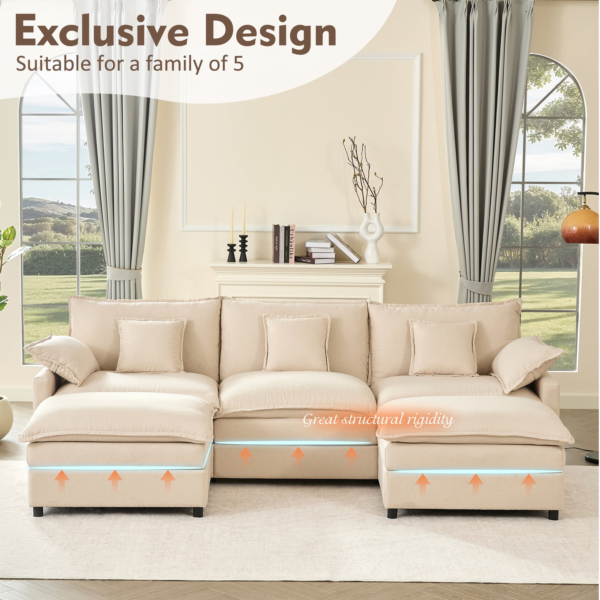 Bigsyy 3 - Seat Sectional Sofa Couch, Comfy Cloud Style, Deep Seat, Sleeper Function with Throw Pillows. Ideal for Adult - Occupied Living Rooms, Modern Design, Cozy Beige