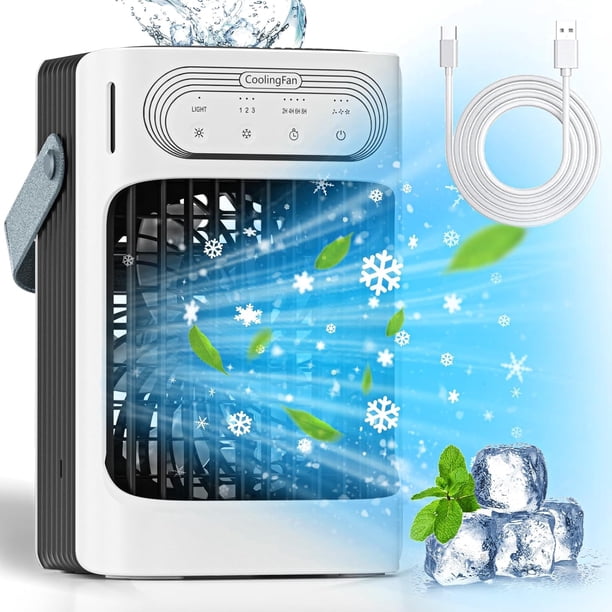 Acondicionadores de aire personales Enfriador de aire evaporativo 3 en 1 Acondicionadores de aire portátiles Tanque de agua de 900ML 3 nieblas frías, 3 velocidades de viento, 7 luces LED,