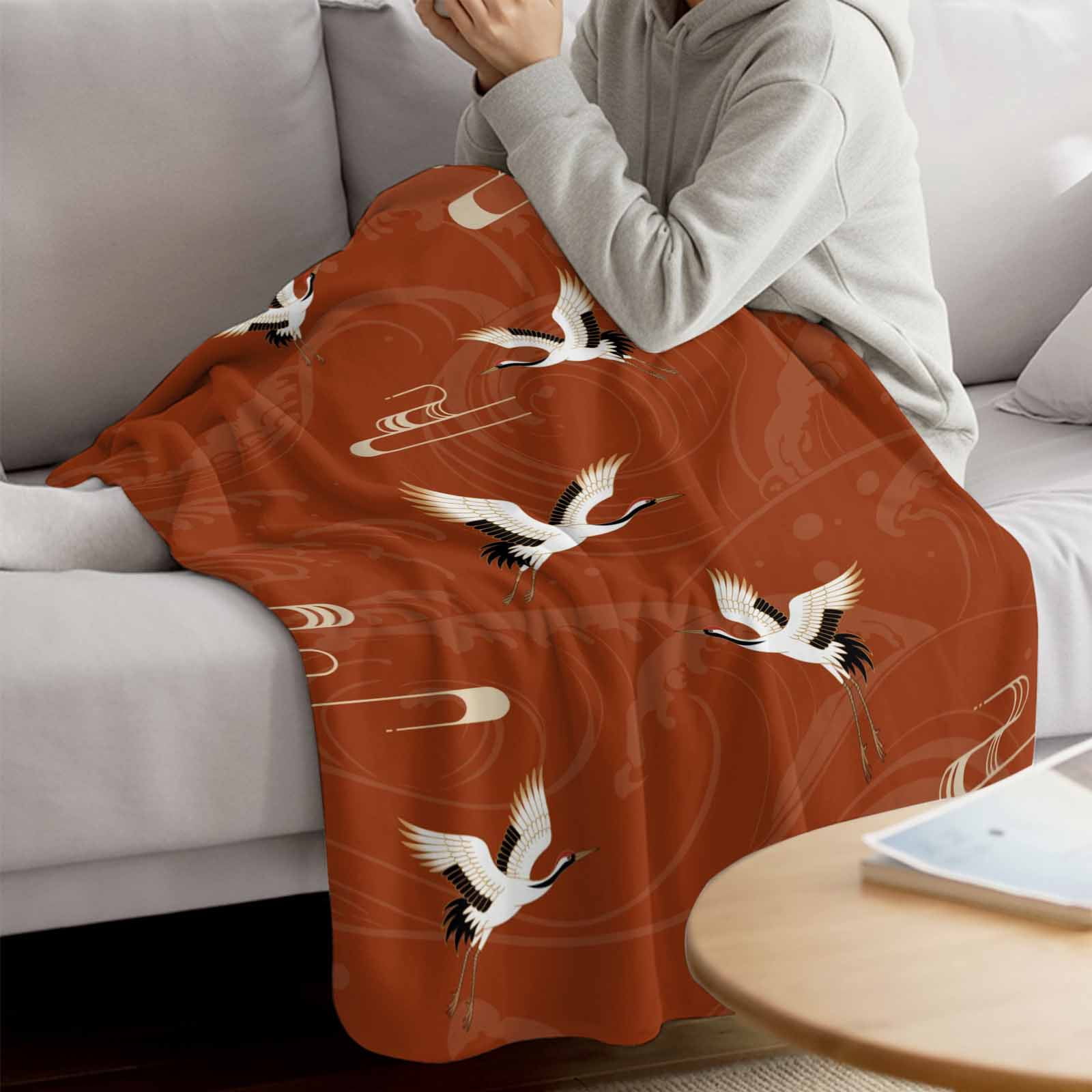 Japanese Style Blanket Soft Cozy Warm Twin Blanket for Bed, Plush Fuzzy Flannel Fleece Blankets for Sofa, Vintage Art Cranes Ocean Wave Red Throw Blankets for Couch, Gifts for Men, 60"x80"