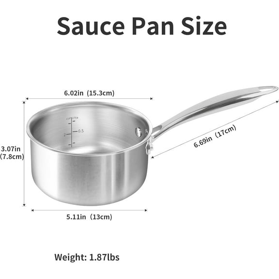 Macevia Sauce Pan with Glass Lid, 18/10 Stainless Steel Pot with Stay-Cool Handle for All Stoves