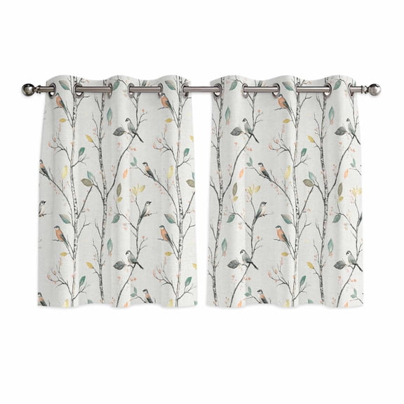 Vintage Botanical Kitchen Curtains Short 45 Inch Length, Birds Branch Watercolor Leaf Grommet Top Bedroom Living Room Curtains, Light Filtering Cafe Curtain Drapes 2 Panels Set 84''x45''