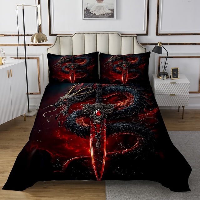 3D Fire Dragon Quilt Set Sword Theme Dragon Decor Bedspread Set, Fierce Animal Coverlet Set For Boys Adults Sword Dragon Pattern Bedding Set Twin With 1 Pillowcase
