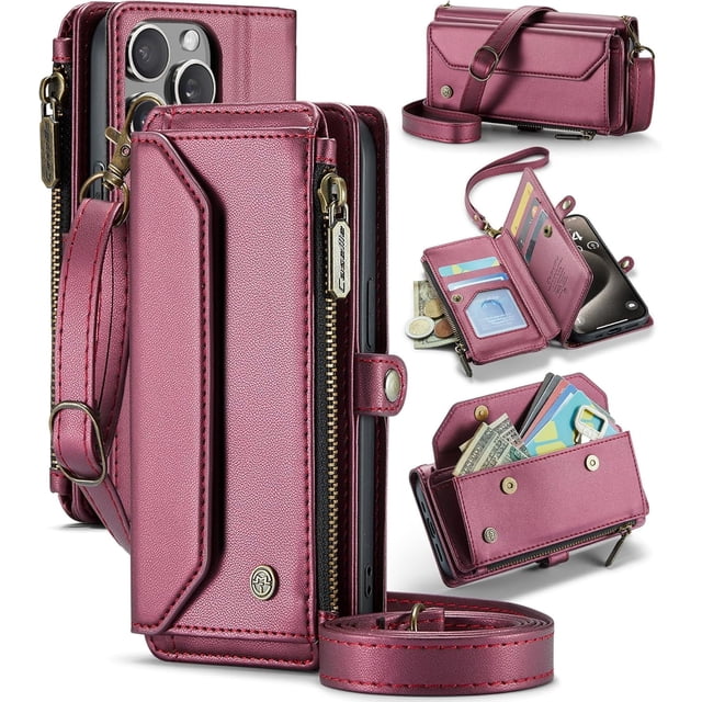 funda para iPhone 15 Pro, Funda para teléfono tipo Billetera Cruzada con Soporte de Bloqueo RFID, Ranuras para Tarjetas de Carga Inalámbrica Anticaídas, Bandolera de Cuero PU