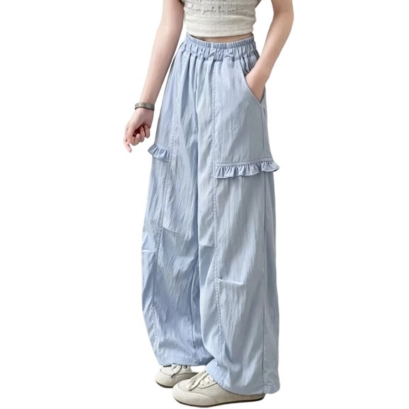 CONROSES Girl'S Baggy Pants Wide Leg Casual Pants for Girls Lightweight Solid Elastic Waist Drawstring Athletic Jogger Pants With Pockets