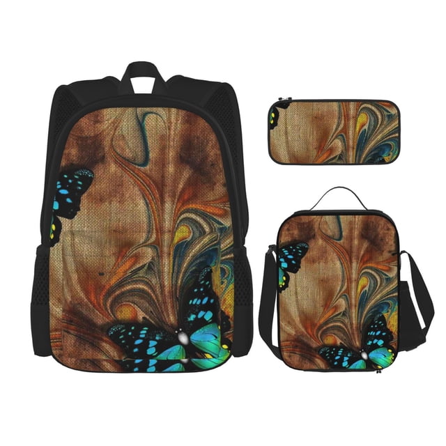 Balery Vintage Butterfly Green Mochila escolar 3 en 1 para niños: mochila resistente con lonchera térmica y estuche para lápices. Mochila escolar para niños y niñas.