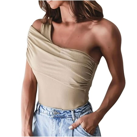 

KIJBLAE Womens Pleated Bra Sexy T-shirt Summer Fashion Sleeveless Womens Tops Solid Color Tees Trendy Clothing 2023 One Shoulder Neck Shirts Slim Skinny Blouse Workout