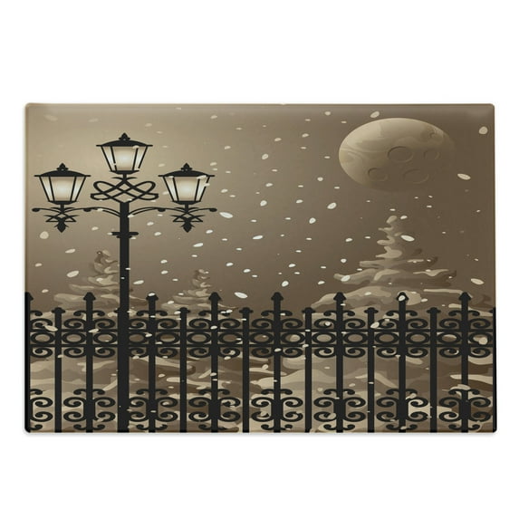 Lantern Cutting Board, Frozen Scenery Iron Fences City Evening Snow and Lanterns Full Moon Graphic, Decorative Tempered Glass Cutting and Serving Board, Large Size, Pale Brown Black, by Ambesonne